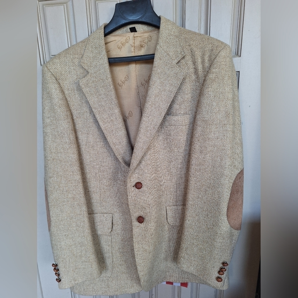 Farah Classic Tweed Men's Blazer Preppy Patch Sz42R Tan 2 Button Closure NWOT